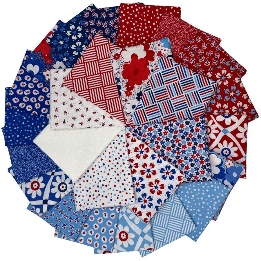 A circular arrangement of multiple fabric swatches in red, white, and blue patterns, including florals, stripes, polka dots, and geometric designs, on a plain white background.