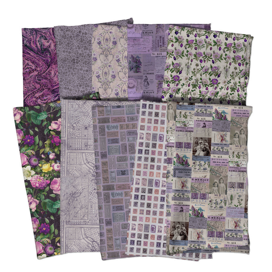 Collection of patterned fabric swatches in various shades of purple and green.