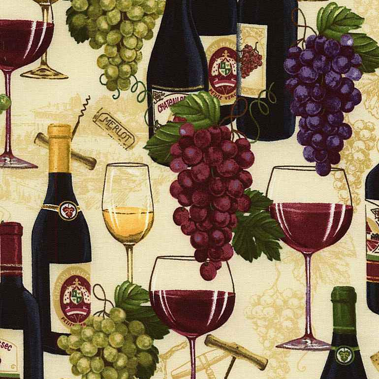 Wine-themed fabric with bottles, glasses, and grapes on a beige background