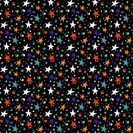 751G-93 Witch's Night Out Black Multi Tossed Multicolored Stars Glows in the Dark