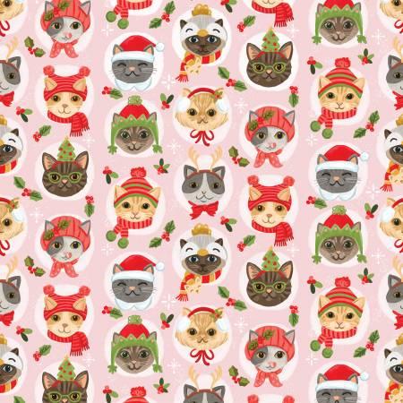 Pink Cat Faces In Holiday Hats OLIVIA-CD1402-PINK